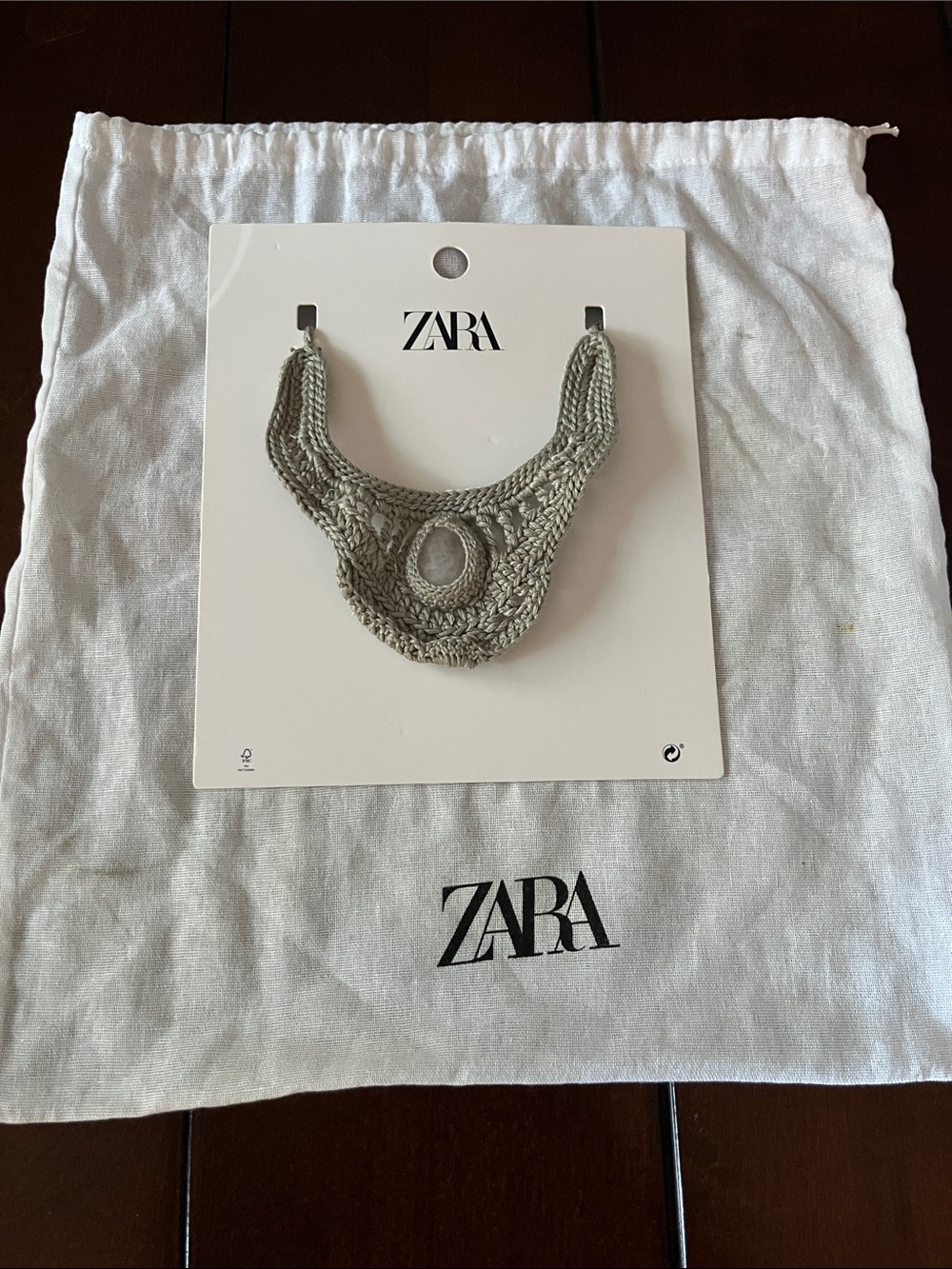 ZARA Light Gray Crochet Bib Necklace with Stone Accent
